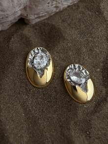 1 Đôi bông tai hình bầu dục bằng bạc 925 mạ vàng 18k, đính đá Cubic Zirconia, thích hợp đeo hàng ngày, dành cho nữ, làm quà tặng nhân Ngày của Mẹ, các bữa tiệc. - Bông tai zircon hình bầu dục - Xem 1