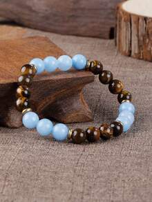 YAUKIA 1件天然海蓝宝石虎眼石手链，寓意保护、好运，男女皆宜，弹力材质，适合日常佩戴 - 彩色 - 查看 5