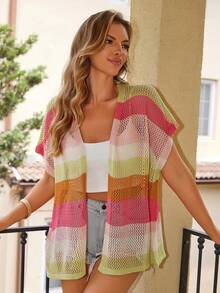 Women's Striped Open Front Crochet Cardigan Semi-Sheer Knit Top Batwing Sleeve Regular Length - Nhiều màu - Xem 5