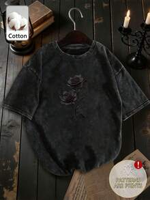 Tricou de damă cu mânecă scurtă, din bumbac spălat, mărime mare. Model cu trandafiri, croială retro lejeră. Stil streetwear Y2K la modă. Stil universitar, îmbrăcăminte de damă versatilă Y2K la modă, potrivită pentru naveta la serviciu. Negru, casual. - Negru - Vizualizare 3