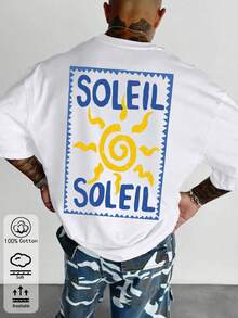 T-shirt ample à manches courtes avec graphique solaire, décontracté pour homme, été - Blanc - Voir 3