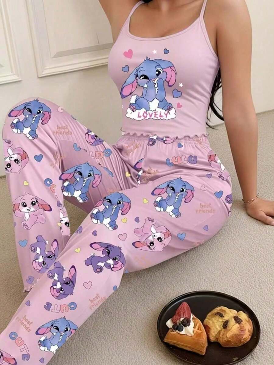Cute Style Camisole Set: Women's Adorable Bunny Heart Letter "LOVELY" Print Camisole Top And Pants Pajamas Set, 2-Piece Aesthetic Pajama Set. - 混合色 - 查看 1