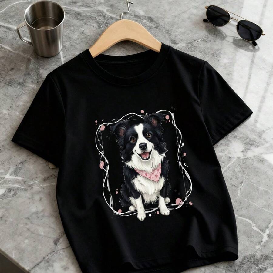 Camiseta Infantil 100% algodão Border Collie Fofa e Estilosa de Gola Redonda, Estilo Criativo e Fantasioso, Tecido Respirável, Conjunto Combinando Confortável e Cuidadosamente Selecionado - Preto - Visão 1