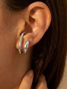 2件套女士夹式耳环套装 - 宽圆双环夹式耳环 - 简约厚款叠层耳夹首饰礼品 - 彩色 - 查看 14