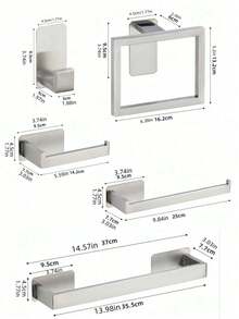 一套不锈钢浴室配件，包括毛巾杆、毛巾环、浴袍挂钩和卫生纸架，壁挂式。 - 銀色 - 查看 1