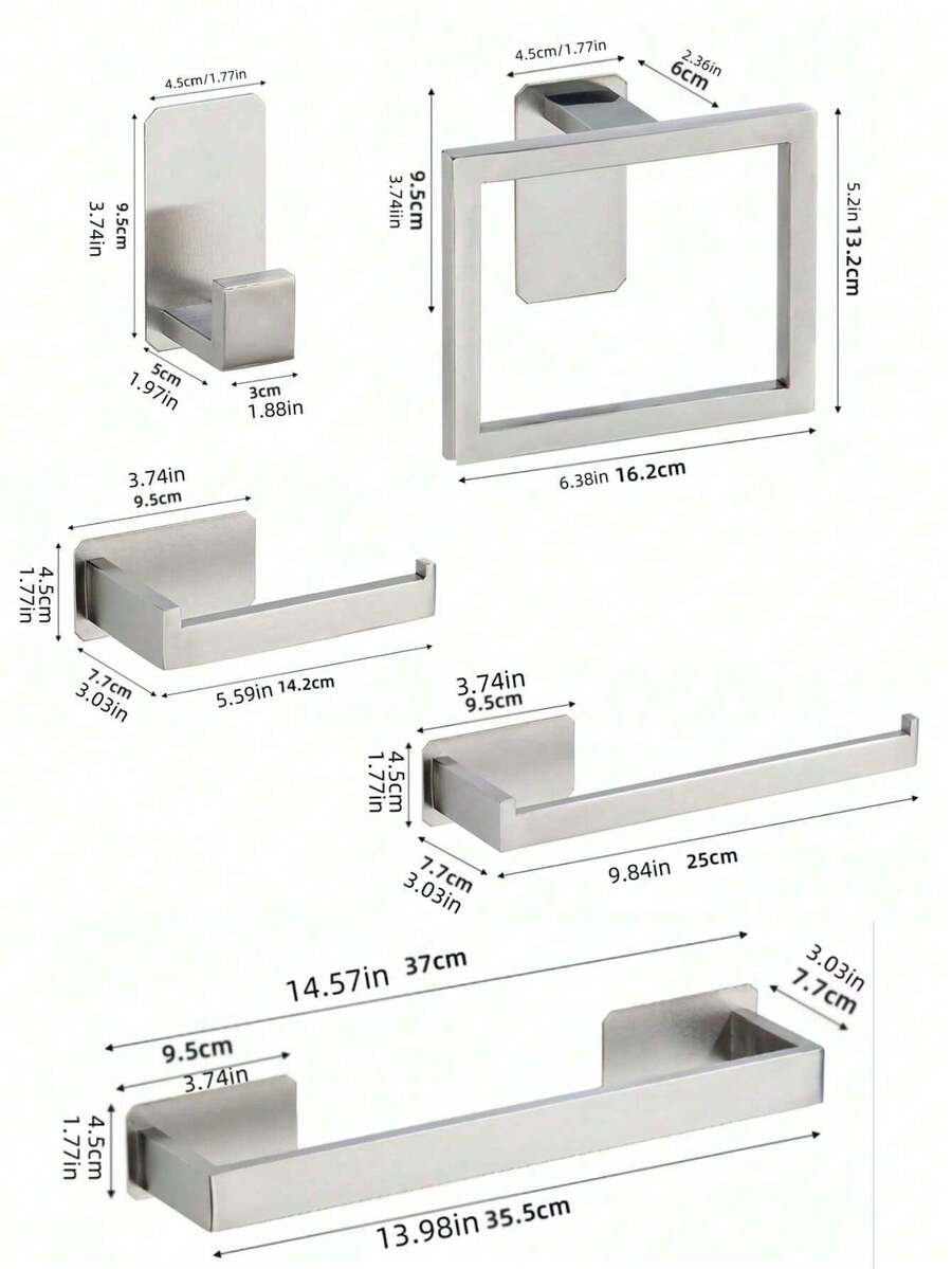 一套不锈钢浴室配件，包括毛巾杆、毛巾环、浴袍挂钩和卫生纸架，壁挂式。 - 銀色 - 查看 1