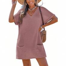 Swimsuit Coverup For Women Waffle Knit V Neck Short Sleeve Beach Coverup Dress With Pockets - Màu hồng đậm - Xem 7