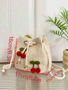 草莓时尚新款单肩斜挎包手提包通勤包抽绳水桶包简约樱桃单肩包，夏季草编包 - 米色 - 查看 11
