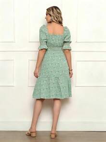 Women's Midi Dress With Floral Print, Square Neckline, Puff Sleeves, A-Line Silhouette, Ruffled Hem, Knee-Length. - 淡綠 - 查看 5