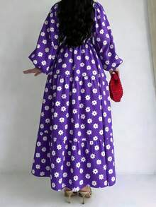 Vestido largo de manga larga con estampado elegante, adecuado para primavera y otoño, para mujeres, de material de poliéster, no elástico, lavable a máquina, apto para vacaciones en todas las estaciones - Morado - Ver 2