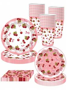 10pcs Cherry Theme Party Disposable Tableware Set, Including Plates, Cups And Napkins, Suitable For 10 Guests, Children's Party, Picnic, Wedding, Tea Party - Multicolor - View 9