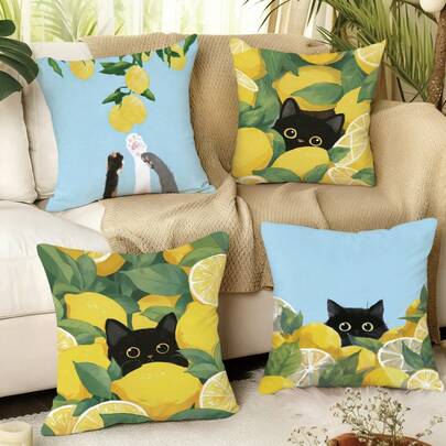 MEMNUN 4 Stücke Sommerfrishe Katzen- und Zitronen-Kissenbezüge [ohne Kissenfüllung], 17,7*17,7 Zoll (45*45 cm)/19,69*19,69 Zoll (50*50 cm)/15,75*15,75 Zoll (40*40 cm), [einseitig Muster], aus Polyester, süße Katzenpfoten- und Schwarze Katzen-Dekoration für Sofa, Bett, Wohnzimmer, Schlafzimmer, Auto, Büro, Hotel, perfektes Geschenk für Familie und Freunde, geeignet für alle Jahreszeiten