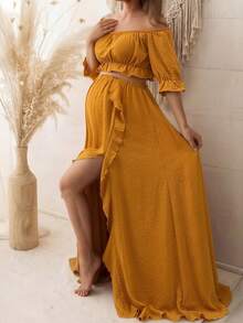 Vestido de Maternidad Estilo Bohemio con Hombros Descubiertos, Puños de Manga con Volantes y Dobladillo con Abertura, Perfecto para Fotos - Amarillo Mostaza - Ver 6