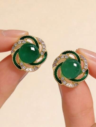 1对韩式简约百搭绿色仿珍珠耳环，甜美优雅水晶镶嵌耳环，女士款