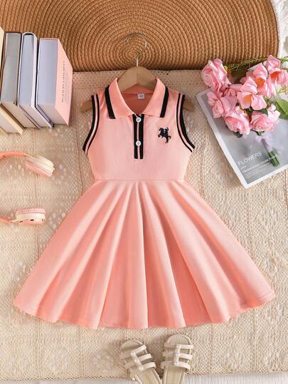 Đầm bé gái cổ bẻ kẻ sọc thêu, đầm thể thao ngoài trời tối giản, đầm mùa hè