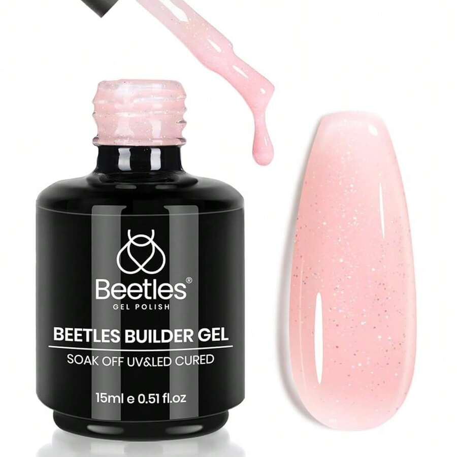 Beetles Builder Gel For Nails-Cover Nude Translucent 8 In 1 Nail Thickening Strengthening Building Apex - 1 lọ 15ml màu hồng nhũ trong suốt - Xem 1