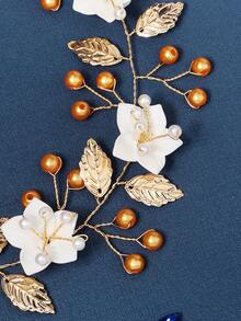 1件波西米亚风新娘金色发饰，饰有多朵白色花朵和人造珍珠，配有可调节缎带系带头箍，适合婚礼派对佩戴 - 金色 - 查看 12