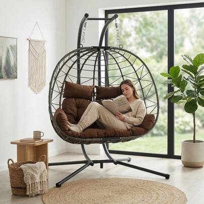 Oversized Double Egg Swing Chair With Stand 2-Person Indoor Outdoor Hanging Hammock Chair Comfy Loveseat Cushioned Porch Swing 700lbs Capacity (Brown)