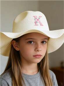 1顶女童A-Z粉色花朵字母白色优雅草帽宽檐防晒时尚外出/度假 - 白色 - 查看 2