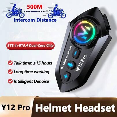 Y12 Pro摩托车头盔，配备无线耳机，500米对讲版，采用Jelly BT5.4+Jelly BT5.4双核蓝牙芯片，RGB灯光效果，IP56级防水防尘，内置对讲指示灯，支持跨品牌对讲，对讲距离可达500米，兼容半盔和全盔，1000mAh大容量电池，支持同时进行对讲和音乐播放，支持AI语音助手，可同时连接两部手机，是理想的户外骑行装备，适合雨雪天气使用。