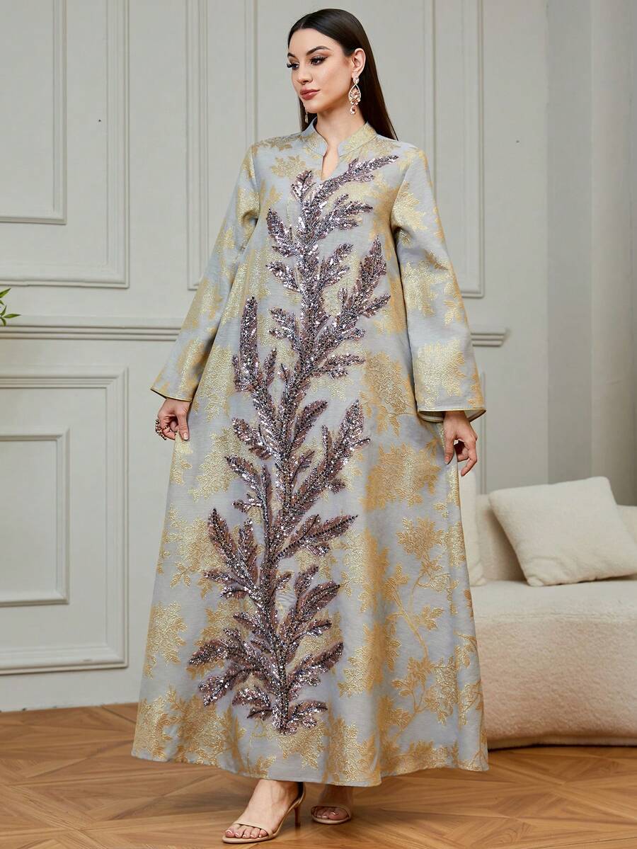 Women's Ramadan New V-Neck Long Sleeve Maxi Kaftan Dress, Elegant Heavy Beaded & Embroidered Jalabiya Eid Al-Fitr Dress - Gold - View 1