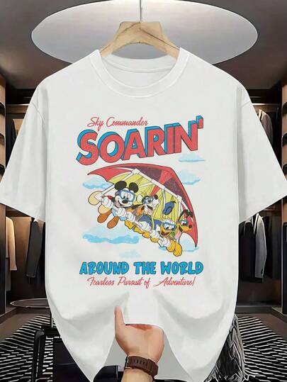 Disney Officially Authorized Retro Classic Cartoon Character Global Soaring T-Shirt, Amusement Facility Epcot Center T-Shirt, Donald Pluto, Amusement Park Travel Package