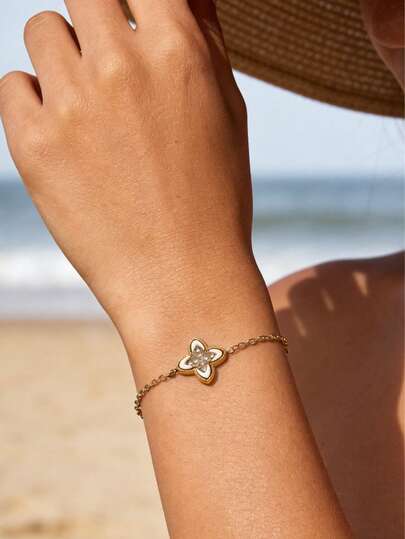 18K Gold Plated Enamel Four-Leaf Clover Zirconia Bracelet, Bohemian Style Gold Summer Beach Vacation Stainless Steel Delicate Adjustable Chain Bracelet For Women