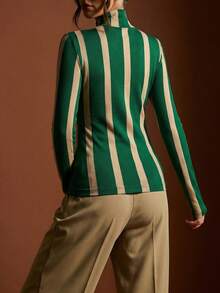 Women's Autumn/Winter Turtleneck Striped T-Shirt Top, Casual Daily Wear (JH25167) - Green - View 2
