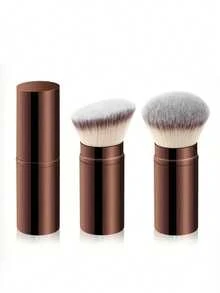 Retractable Face Foundation Brush With Cover, Full Aluminum Tube Foundation Brush, Blush Brush, Powder Brush, Multi-Functional Makeup Brush - Chocolate Brown - View 1