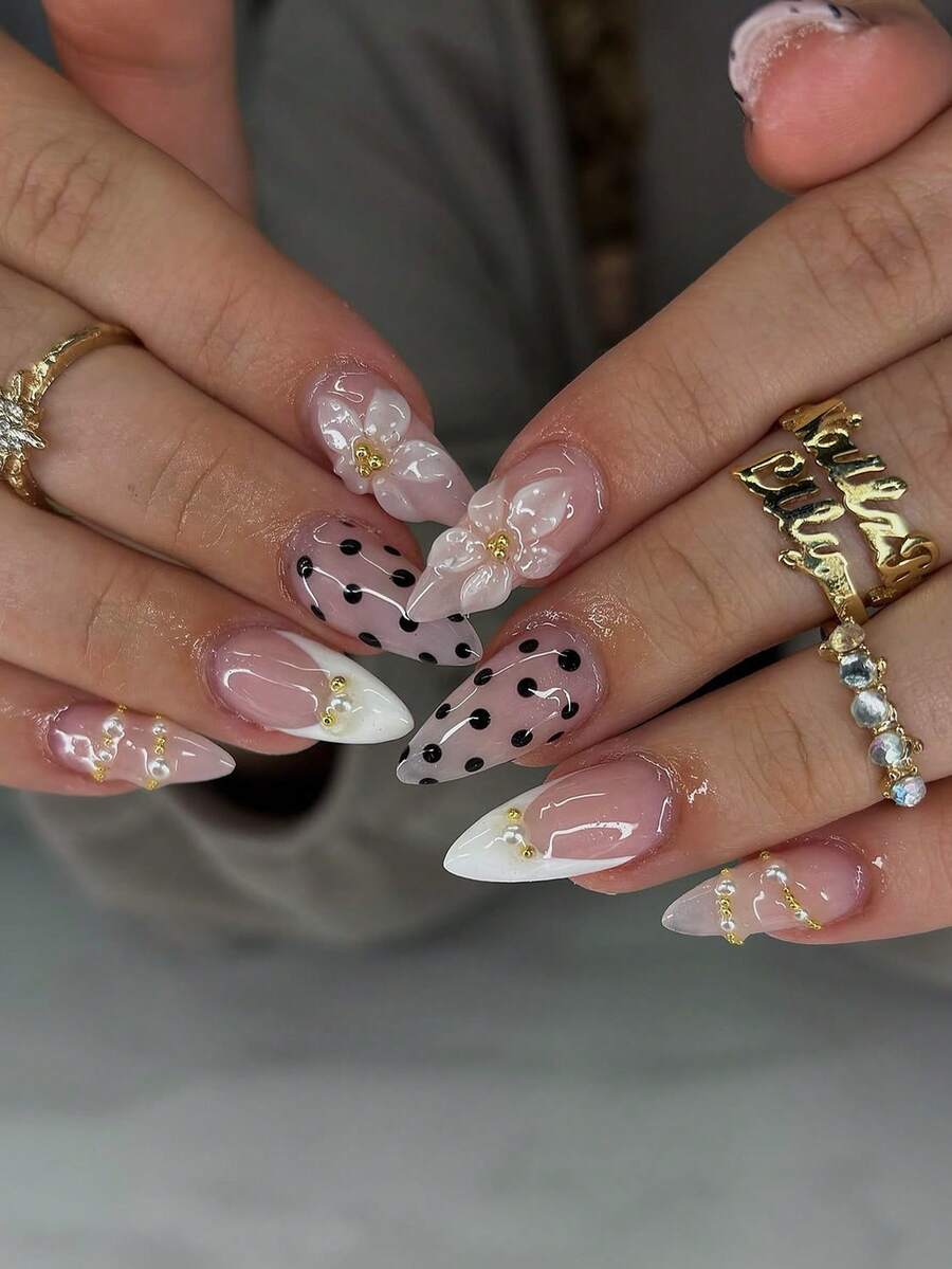 手工 3D 花朵波點珍珠杏仁形中長假指甲，女士美甲貼紙手工穿戴甲