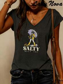 Salty Melt Ice Retro Rain Girl Print V Neck Tank Top, Casual Summer Tops, Vacation Outfits For Women, Summer Clothes, Aesthetic Graphic Tees - 灰色 - 查看 2