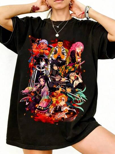 1PC 100% Cotton  Kimetsu No Yaiba Anime Characters Print Women Short Sleeve TShirt
