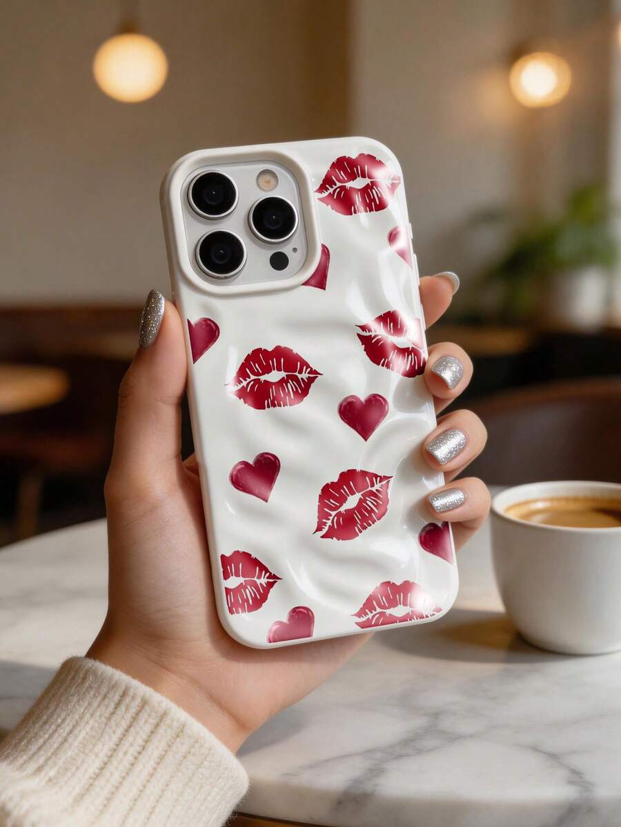 1pc Korean Style Girly Lip Print Phone Case, Soft Tactile Water Wave Wrinkle Design, Compatible With IPhone 17 Pro Max/17 Pro/16 Pro Max/16 Pro/16/15 Pro Max/15 Pro/15/14 Pro Max/14/13 Pro Max/13 Pro/13/12 Pro Max/12 Pro/12/11, Dustproof Waterproof Shockproof Protective Soft Case - White - View 1