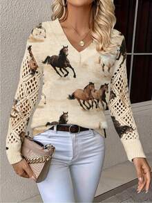 ADFHP Spring/Autumn Women's Top, Vintage Realistic Horse Print, V-Neck Loose Knit Sweater, Hollow Sleeve Design, Casual Versatile, Daily Commute - Multicolor - View 1