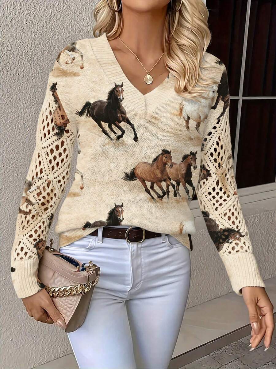 ADFHP Spring/Autumn Women's Top, Vintage Realistic Horse Print, V-Neck Loose Knit Sweater, Hollow Sleeve Design, Casual Versatile, Daily Commute - Multicolor - View 1