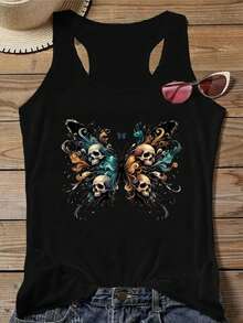 Women'S Skull & Butterfly Graphic Tank Top - Black Sleeveless Crew Neck, Stretchy Polyester, Casual Summer Streetwear, Edgy Gothic Design With Colorful Floral Accents, Butterfly Shirt - màu đen - Xem 1