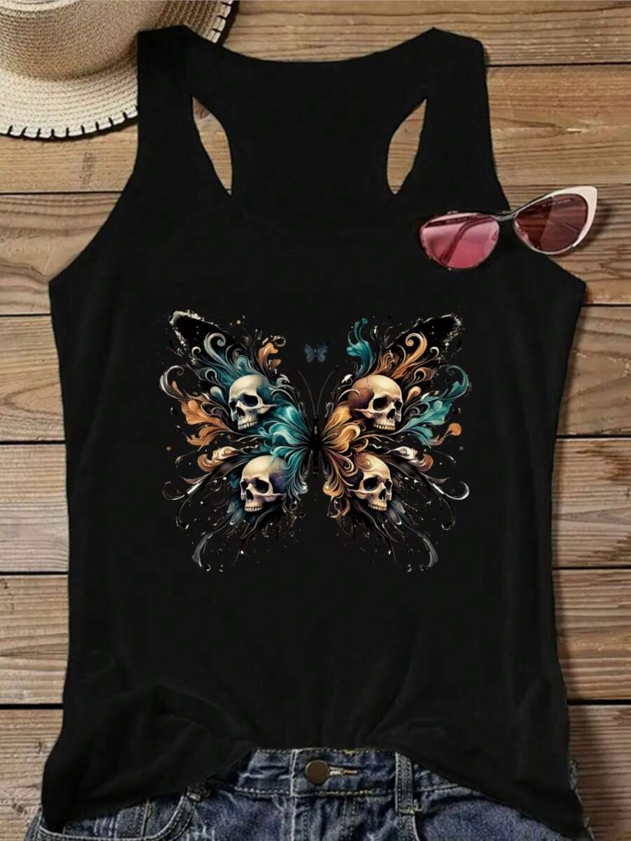 Women'S Skull & Butterfly Graphic Tank Top - Black Sleeveless Crew Neck, Stretchy Polyester, Casual Summer Streetwear, Edgy Gothic Design With Colorful Floral Accents, Butterfly Shirt - màu đen - Xem 1