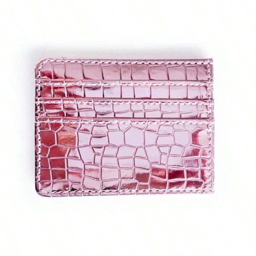 Portatarjetas de crédito minimalista y brillante con diseño metálico color rosa metálico delgado y de cocodrilo sintético Rosa Metálico Tarjetero de crédito de cocodrilo sintético - Rosa Metlico - Ver 1