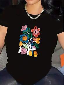 Women's Cotton Crew Neck Graphic Tee Is A Lightweight And Comfortable Short-Sleeve T-Shirt, Featuring A Vibrant Floral Pattern Design, Made From Durable Fabric, Perfect For Wearing At Home, Dining Out, Or At Casual Gatherings. Soft Casual Short Sleeve Summer Cute Blouse - White - View 6