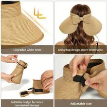 1pc Fashionable Foldable Women's Hat With Bow Tie, Hook And Loop, Ponytail Hole, Brimless Design, Suitable For Outdoor, Beach, Travel, Sun Protection, Panama Straw Hat - Round Straw Hat - View 5