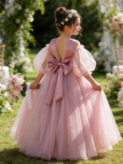 Tween Girl Bow Tie Puff Sleeve Deep V Back Flower Girl Party Dress, Elegant Princess Dress For Girls, Suitable For Children's Birthday Party, Flower Girl Wedding, Prom, Important Occasions And Festivals
