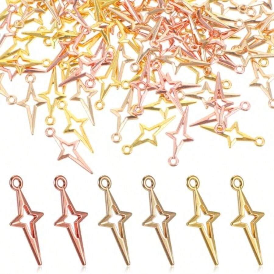 90 PCS Gold Silver Star Pendant Charm Hollow Four Pointed Stars For Jewelry Making Earrings Bracelets Necklace DIY Craft Supplies Mini Pendants Crafting - 如圖所示 - 查看 1