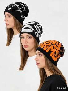 3pcs Y2K Fashion Knit Hats, Jacquard Hats, Letter Hats, Great Gift Choice For Street Riding, Acrylic & Other Knitted Hats, All Seasons - A - View 2