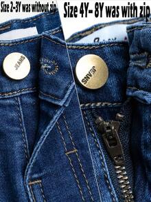 Pantalones vaqueros casuales y cómodos con estilo de lavado de sal, cierre de botón, para niños pequeños de vuelta al colegio, con estampado de bigotes de gato elástico y de moda - Azul lavado oscuro - Ver 5