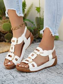 Plus Size Women's Retro Solid Color Buckle Platform Wedge Sandals - White - View 5