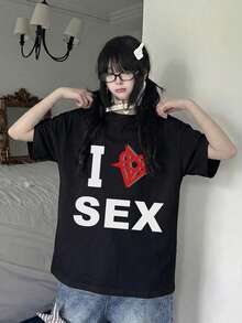 2026夏季新款圆领休闲宽松英文字母印花T恤，时尚百搭学院风街头学生日常通勤女款短袖T恤，1件装 - 黑色 - 查看 3