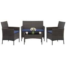 4-Piece Outdoor Furniture Set, PE Rattan Wicker Chairs With Soft Cushions & Tempered Glass Coffee Table - All-Weather Patio Set For Garden, Backyard, Porch, Poolside - Brown/Blue - View 8