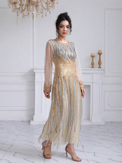 JINLICX 优雅杏色圆领连衣裙，饰以银色珠绣，适合派对和晚宴穿着