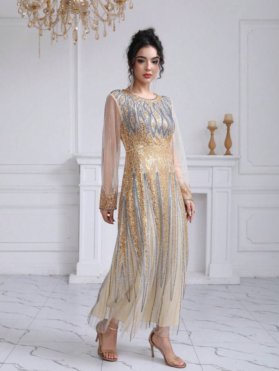 优雅杏色圆领晚礼服，饰以银色刺绣，适合派对和正式场合。 - 杏色 - 查看 1