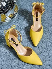 Women's Pointed Toe Suede Hollow Out Bowknot Chunky Heel Pumps, Versatile For Daily, Work, Business, Commute, Black, Plus Size - Lemon Yellow - View 4
